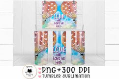 tumbler sublimation design of 2 air balloons in a pastel cloud background and in the middle it says love with take us high