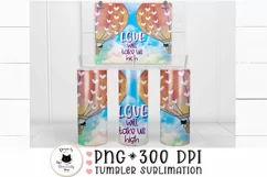 tumbler sublimation design of 2 air balloons in a pastel cloud background and in the middle it says love with take us high