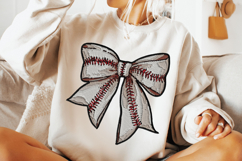 Faux Embroidery Baseball Coquette Bow PNG, Baseball Bow PNG Product Image 1
