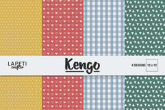 Preview of 4 coordinating basic digital papers with polka dots, hearts, gingham, and triangle patterns in soft pastel colors