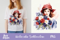 French Girl with Red Hat &amp; Flowers | Watercolor Bastille Day Product Image 1