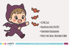 Little boy in a bat costume reaching for candies, chibi Halloween illustration.