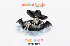 Watercolor skeleton relaxing in a black bat-wing pool float while wearing a large floppy sun hat over soft blue water.