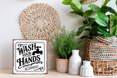Funny bathroom decor SVG with the phrase “Wash Your Hands No, Seriously” in vintage typography. Includes tap illustration and ornamental border for a classic sign look.
