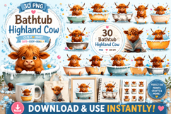 Bathtub Highland Cow PNG Clipart Bundle Product Image 1