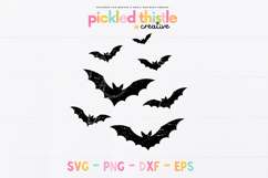 Distressed black flying bat silhouettes arranged on a white background for Halloween Cricut and sublimation projects.