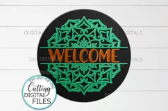 Welcome Mandala door hanger round sign svg dxg wooden cut Product Image 1