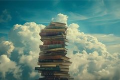 Towering pile of books against cloudy sky Product Image 1