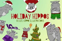 Holiday Hippos|Hippo Christmas Illustrations|PNG files Product Image 1