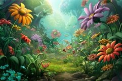 Pathway winding through lush forest filled with colorful flo Product Image 1