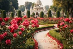 Enchanting rose garden pathway at sunset Product Image 1