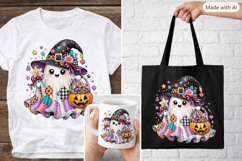 Cute Halloween Ghost Witch PNG, Colorful Patchwork Ghost Cli Product Image 1