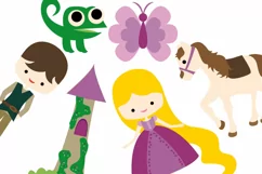 Fairytale clipart, prince, long hair princess, horse, tower Product Image 3