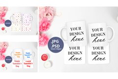 2 White Coffee Mugs 2 Coasters mockup Valentine's Day PSD Product Image 1