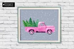 Watercolor Christmas Pink TRUCK with pine trees PNG New Year Product Image 4