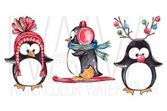 Winter Christmas Clipart, Watercolor Penguins Winter Joy Product Image 6