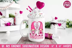 Watercolor painted pink gnomes with a hat heart shape Be My Gnomie text on a white valentine mug with whipped cream and valentine straws