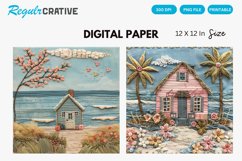Beach Cottage Embroidered Digital Paper, Beach Background Product Image 1