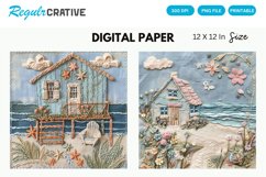 Beach Cottage Embroidered Digital Paper, Beach Background Product Image 1