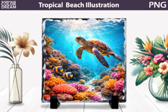Sea Turtle Coral Reef Illustration | Tropical Ocean Slate Product Image 1