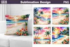 Tropical Beach Pillow | Beach Sunset Sublimation Product Image 1