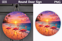 Flamingo Beach Sunset Round Sign | Tropical Door Decor Product Image 1