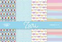 Summer scrapbook paper with beach umbrellas in soft pastel colors for family vacation layouts