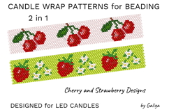 Beaded candle wrap patterns with strawberries and cherries on white and green backgrounds, made in peyote stitch for LED candles  ✅ TAGS: