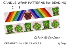 Beaded peyote candle wrap with rainbow, pot of gold, clovers, and leprechaun hat