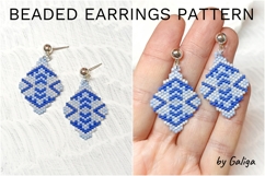Cobalt blue beaded earrings pattern with geometric diamond brick stitch motif