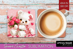 Bear and Roses Valentine Square Coaster Cute Valentines Day Product Image 1