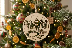 Bear Cabin Christmas Ornament SVG, Holiday Laser Cut File Product Image 1