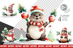 Watercolor Beaver Christmas Clipart Product Image 1
