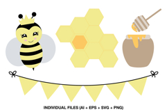 Cute bee baby shower clipart set with honey bee, honeycomb, honey jar and yellow banner
