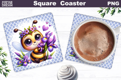 Purple Iris Bee Square Coaster | Bumblebee Violet Floral Product Image 1