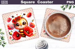 Red Poppy Bee Square Coaster | Bumblebee Bright Floral Product Image 1