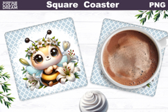 White Lily Bee Square Coaster | Bumblebee Cream Floral Product Image 1