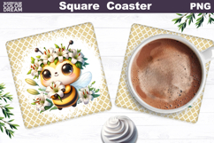 White Lily Bee Square Coaster | Bumblebee Cream Floral Product Image 1