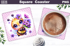 Purple Pansy Bee Square Coaster | Bumblebee Violet Floral Product Image 1