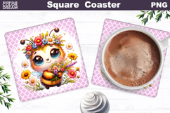 Yellow Pink Daisy Bee Square Coaster | Bumblebee Wildflowers Product Image 1