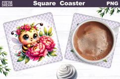 Pink Peony Bee Square Coaster | Bumblebee Bright Floral Product Image 1
