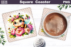 Pink Peony Bee Square Coaster | Bumblebee Bright Floral Product Image 1