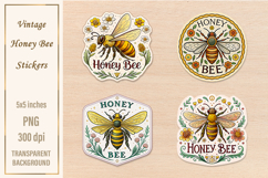 Vintage Honey Bee Stickers | Watercolor PNG | Print&amp;Cut Product Image 1