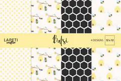 Bee digital paper collection with honeycomb beehive and polka dot patterns