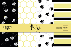 Cute bee-themed digital papers with honeycomb, stripes, and bumblebee illustrations in yellow and black tones.