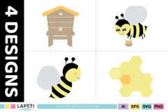 Four child-friendly bee illustrations for invitations, toppers, tags and labels