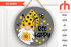 bee happy svg, gnome silhouette, summer hanger svg, gnome sunflower svg, welcome sign svg, wood door sign dxf, seasonal sign svg, round hanging sign, laser cut file, layered sign svg, glowforge sign svg, countryside sign, door sign svg