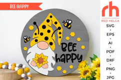 bee happy svg, gnome silhouette, summer hanger svg, gnome sunflower svg, welcome sign svg, wood door sign dxf, seasonal sign svg, round hanging sign, laser cut file, layered sign svg, glowforge sign svg, countryside sign, door sign svg