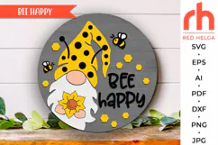 bee happy svg, gnome silhouette, summer hanger svg, gnome sunflower svg, welcome sign svg, wood door sign dxf, seasonal sign svg, round hanging sign, laser cut file, layered sign svg, glowforge sign svg, countryside sign, door sign svg