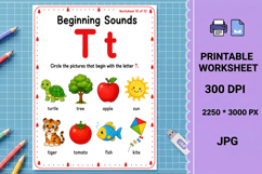 Letter t phonics beginning sounds printable worksheet Product Image 1